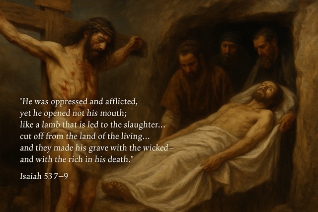 Realistic painting of Jesus Christ silent before His crucifixion, fulfilling Isaiah 53:7–9 prophecy