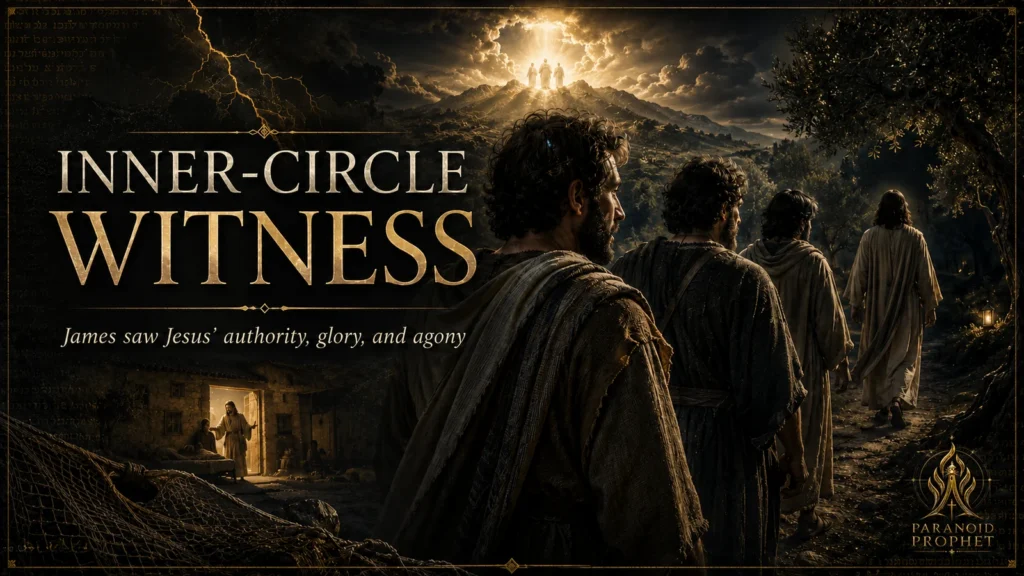 James son of Zebedee follows Jesus with Peter and John, showing his inner-circle witness to Jesus’ authority, glory, and agony.