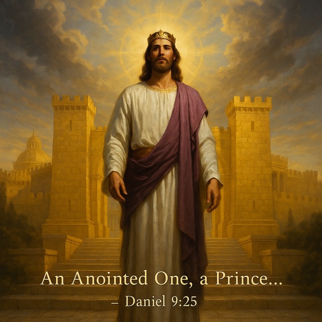Jesus Christ standing at the gates of a golden kingdom in royal robes, fulfilling Daniel 9:25 as the Anointed One and Prince