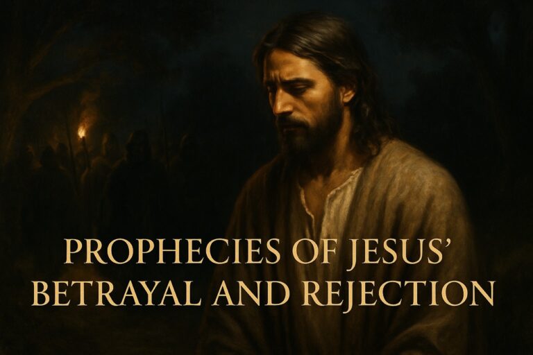 Realistic painting of Jesus walking alone toward betrayal, with the title "Prophecies of Jesus’ Betrayal and Rejection" in golden serif font across the bottom