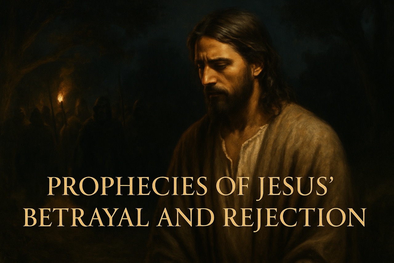 Realistic painting of Jesus walking alone toward betrayal, with the title "Prophecies of Jesus’ Betrayal and Rejection" in golden serif font across the bottom
