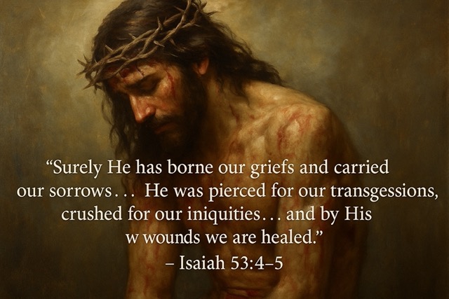 A realistic oil painting of Jesus crucified, bearing the weight of sin and sorrow, fulfilling Isaiah 53:4–6.