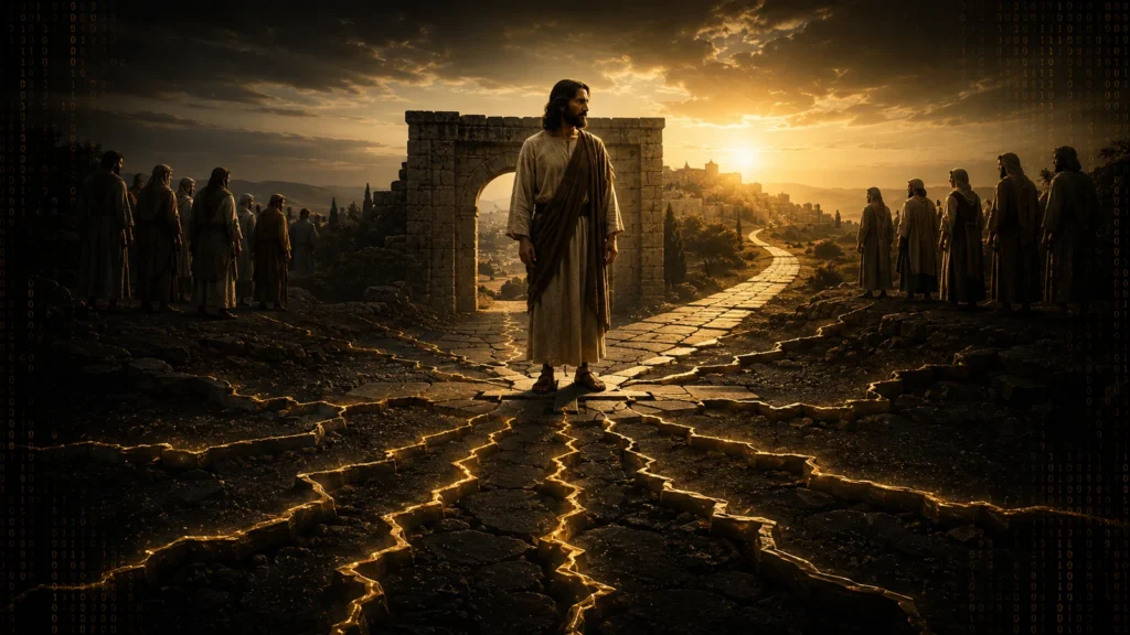 Jesus stands where a fractured path becomes one ordered road, symbolizing forgiveness, reconciliation, and transformed life through Christ.