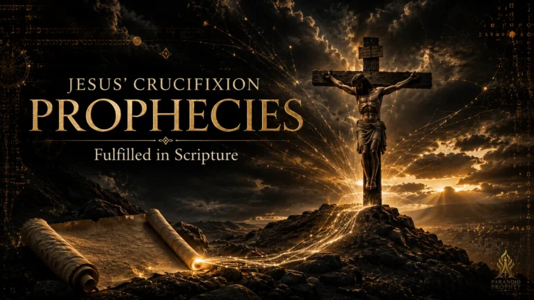 Jesus on the cross above an ancient scroll, illustrating Old Testament prophecies and scriptural patterns fulfilled in His crucifixion.