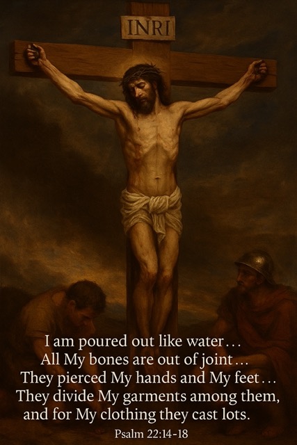 A traditional oil painting depicts the crucifixion of Jesus Christ, with visible nail-pierced hands and feet. Roman soldiers cast lots for His garments beneath the cross, fulfilling Psalm 22:14–18.