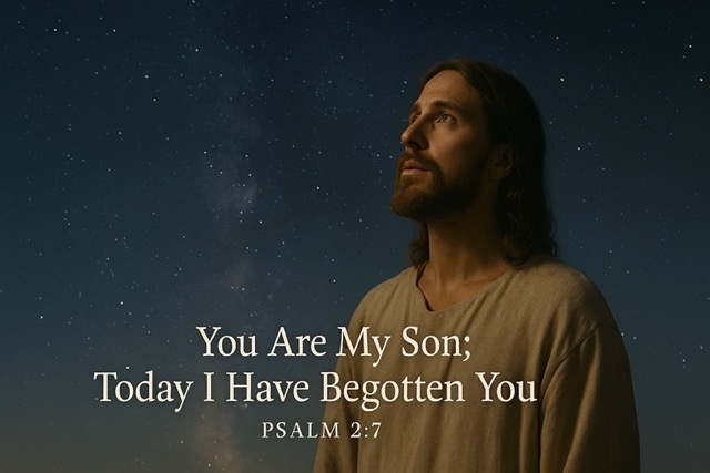 Jesus looking up at the night sky as stars shine above, with the verse Psalm 2:7 — “You Are My Son; Today I Have Begotten You” overlayed on the image