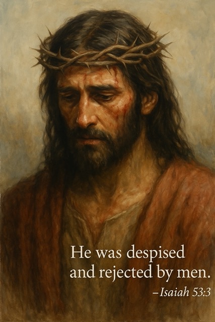 A photorealistic painting of Jesus Christ, sorrowful and bruised, standing alone as people turn away from Him — illustrating Isaiah 53:3, “He was despised and rejected.”