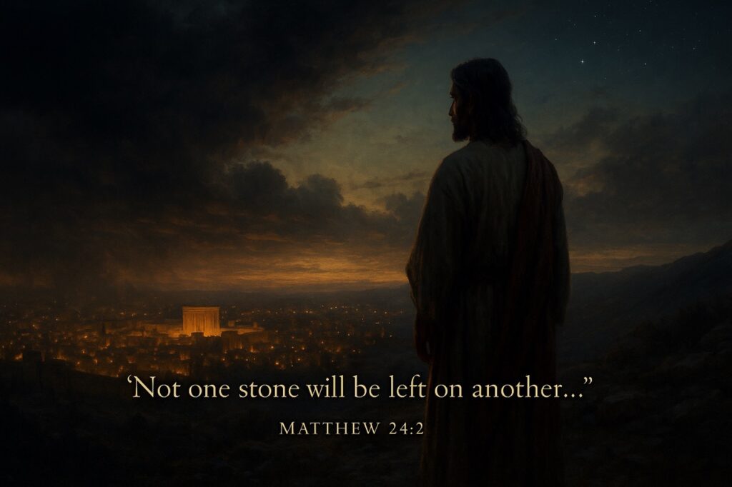 Jesus stands on the Mount of Olives overlooking Jerusalem at twilight, with clouds and stars symbolizing judgment and hope.