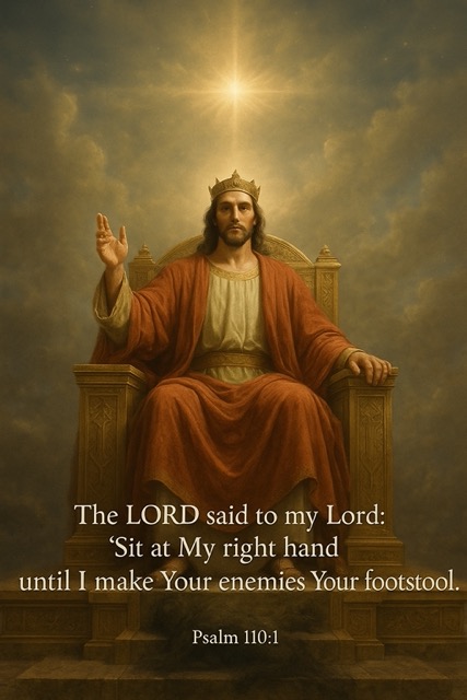 Jesus Christ seated on a majestic golden throne, crowned and radiant with divine light, fulfilling Psalm 110:1 — “Sit at My right hand until I make Your enemies Your footstool”