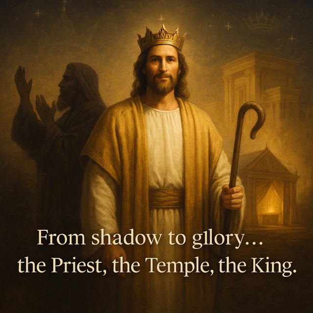 Jesus Christ at the center of prophetic foreshadows, with Melchizedek behind Him, the temple to His side, and a shepherd’s staff in hand — representing the fulfillment of divine typology