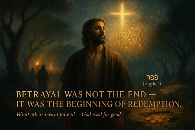 A traditional digital painting shows Jesus kneeling in Gethsemane, surrounded by shadows and sorrow, symbolizing the redemptive weight of betrayal and the Hebrew word "kopher" — atonement.