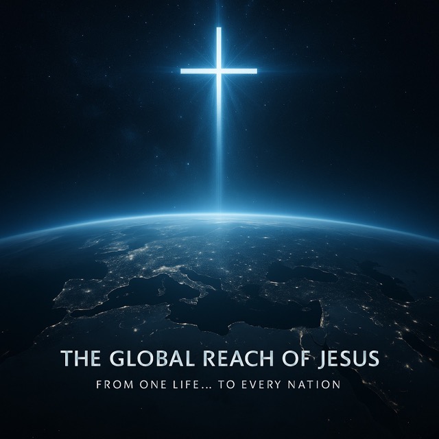 Earth viewed from space with cosmic light symbolizing the worldwide legacy of Jesus Christ in culture, ethics, and civilization