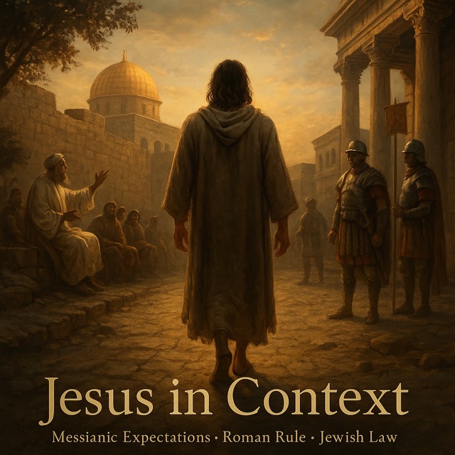 Jesus walking between Roman and Jewish figures, representing His life within first-century Judean political and religious tension