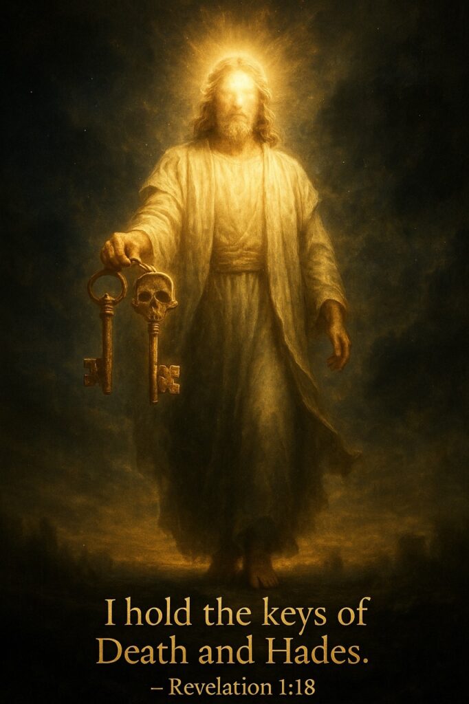 “Cinematic image of the glorified Jesus in Revelation 1:18 holding glowing ancient keys symbolizing Death and Hades, with gold caption in serif font.”