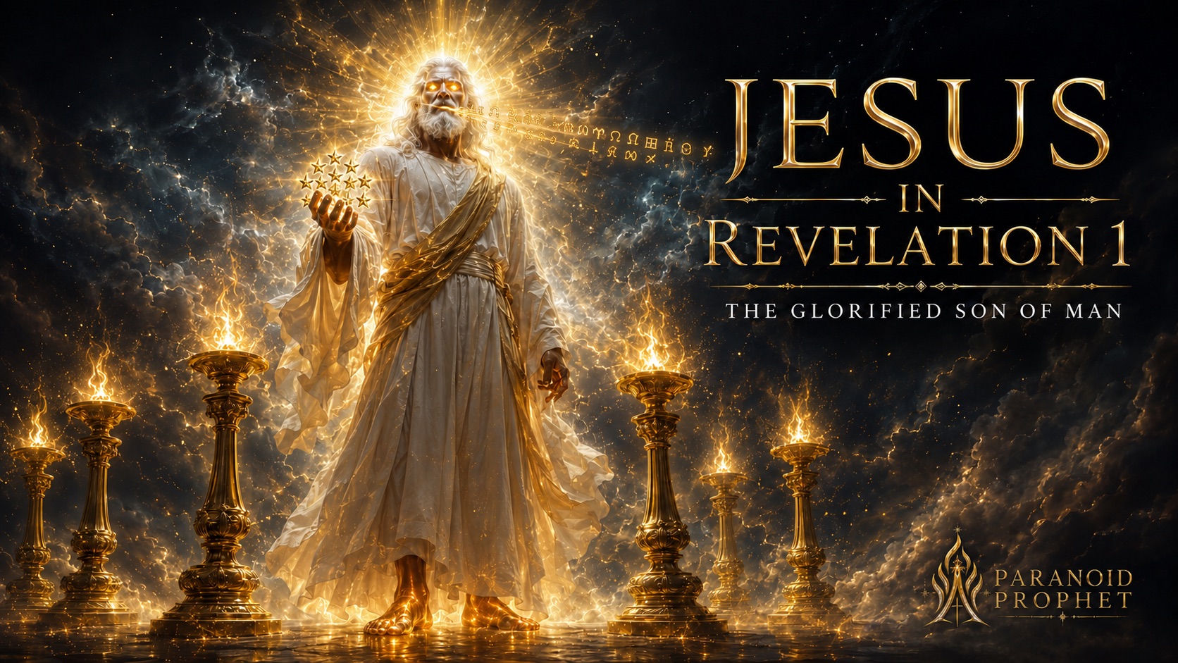 Jesus in Revelation 1 stands among seven golden lampstands with white hair, fiery eyes, bronze feet, seven stars, and the word of God proceeding from His mouth.