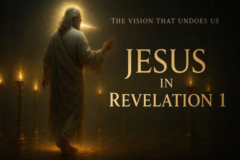 “Cinematic featured image of Jesus in Revelation 1 with gold text overlay: ‘The Vision That Undoes Us – Jesus in Revelation 1.’”