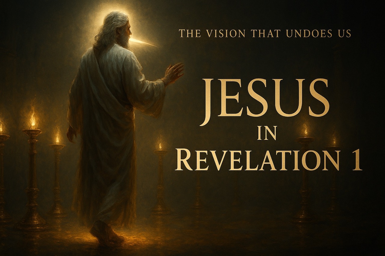 “Cinematic featured image of Jesus in Revelation 1 with gold text overlay: ‘The Vision That Undoes Us – Jesus in Revelation 1.’”