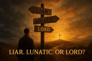 A man stands at a crossroads with signs reading Liar, Lunatic, and Lord. The Lord sign points toward a glowing cross on the horizon under golden sunset light.