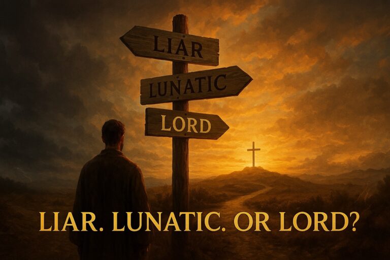 A man stands at a crossroads with signs reading Liar, Lunatic, and Lord. The Lord sign points toward a glowing cross on the horizon under golden sunset light.