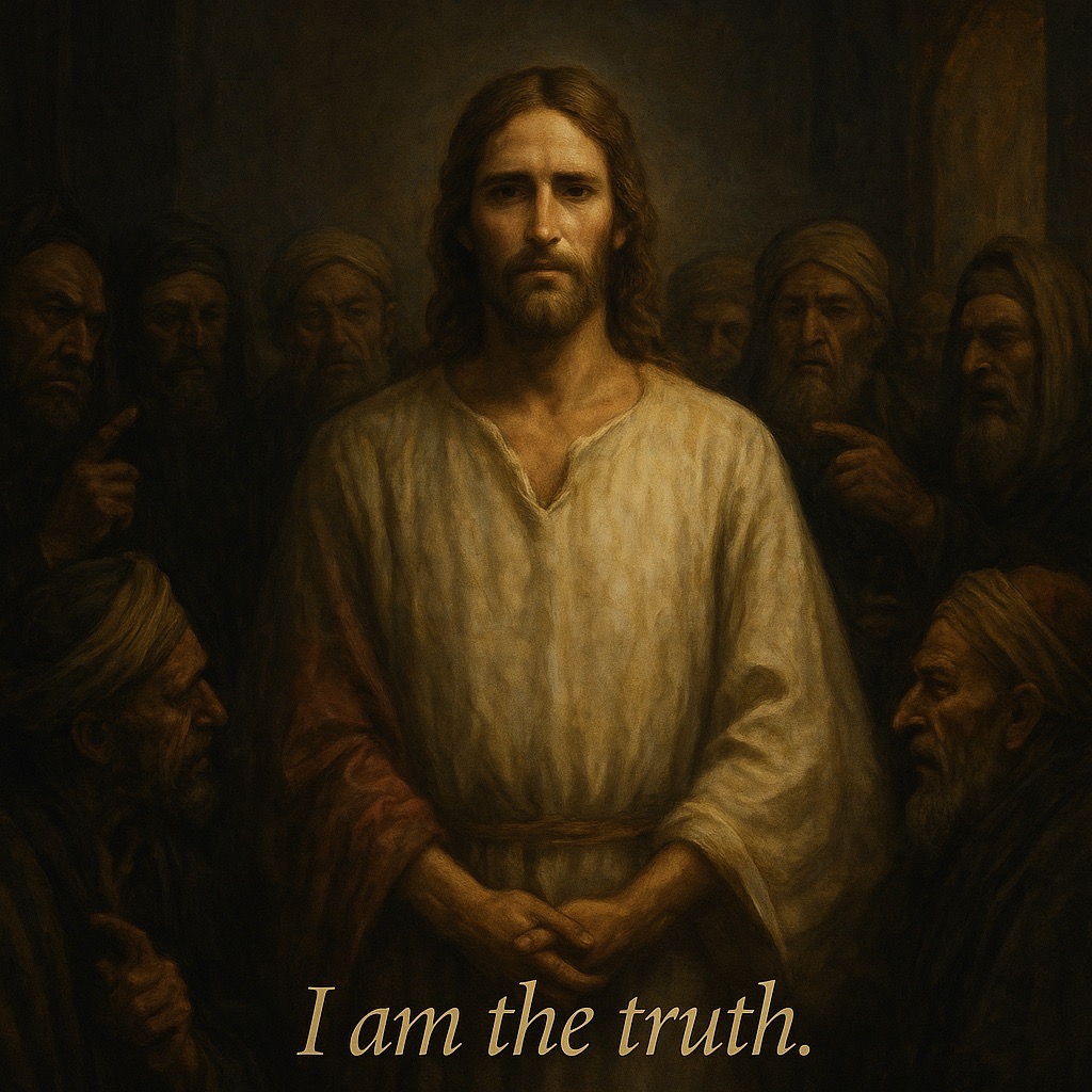 Jesus stands calmly before the Sanhedrin, face illuminated while accusers surround Him in shadows, symbolizing His role as truth-bearer.