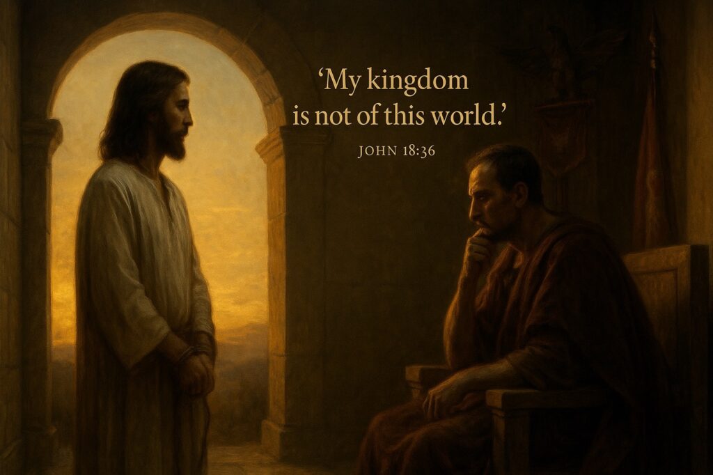 Jesus stands calmly before Pontius Pilate, glowing in light while Roman power surrounds Him, symbolizing His spiritual kingdom.