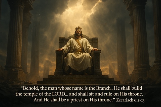 Jesus Christ seated on a radiant throne in a heavenly temple, wearing priestly robes and a golden crown, fulfilling Zechariah 6:12–13