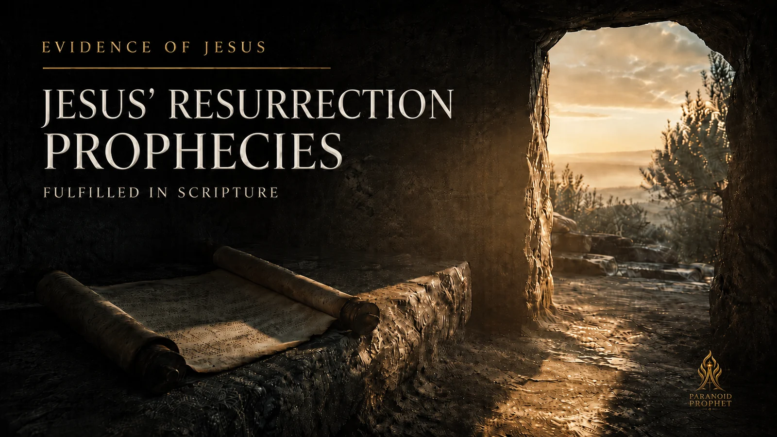 Ancient Scripture scroll inside a first-century rock-cut tomb at dawn, with title text about Jesus’ resurrection prophecies fulfilled in Scripture and a small Paranoid Prophet logo.