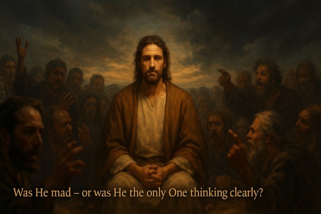Jesus sits calmly amid a chaotic crowd with storm clouds above, symbolizing His emotional stability in contrast to the confusion around Him.