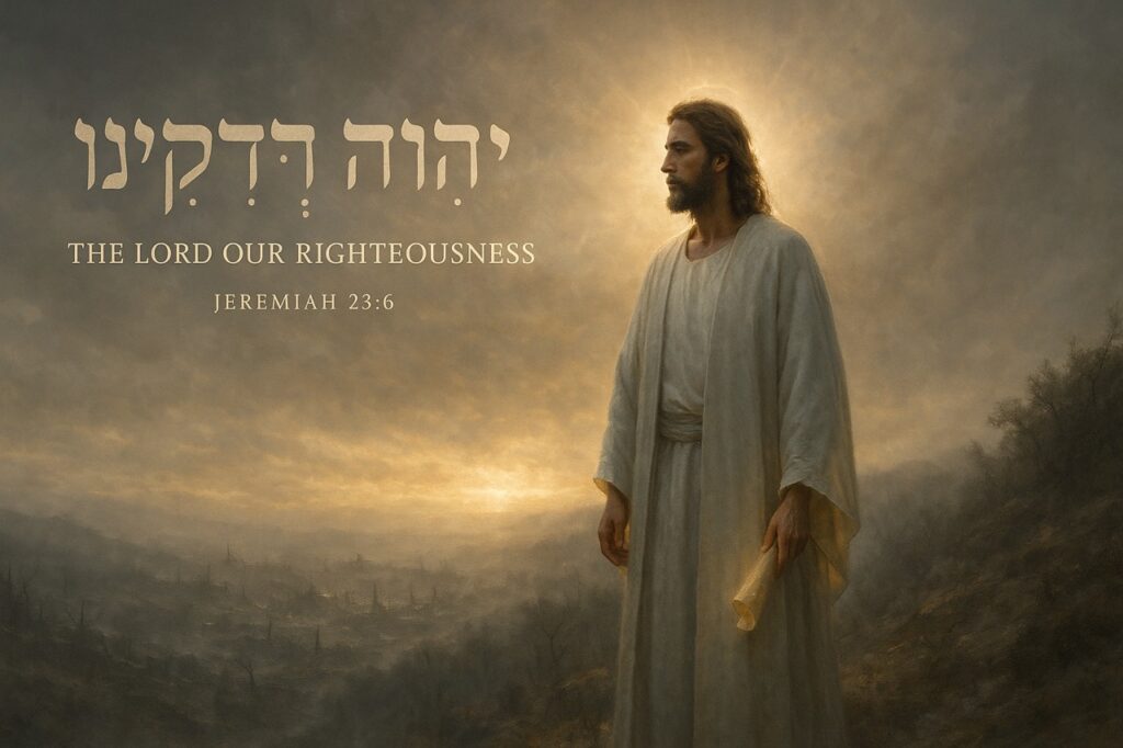 Jesus Christ stands on a mountain ridge at dawn, overlooking a broken valley, with the words “The LORD Our Righteousness — Jeremiah 23:6” glowing beneath Him