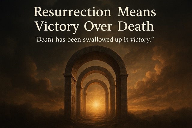 Risen Jesus stands in light outside the tomb while death is defeated behind Him — symbolizing victory over death through resurrection.