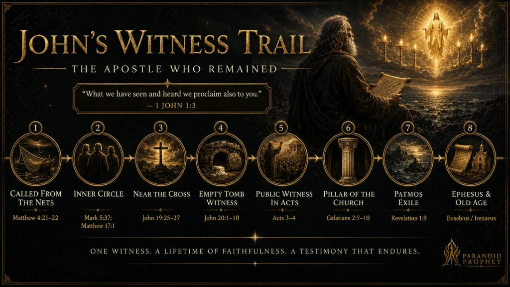 Infographic showing John the Apostle’s witness trail from the nets to the cross, empty tomb, Acts, Patmos, and Ephesus.