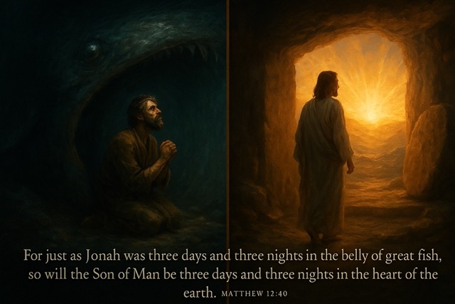 Split scene showing Jonah in the fish and Jesus at the empty tomb — visual typology of the third day resurrection prophecy.