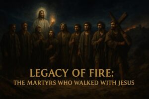 “Biblical painting of Jesus’s disciples preparing for martyrdom at night near Jerusalem, with Jesus standing behind them in radiant light.”