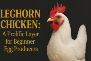 Leghorn chicken standing in a sunlit backyard with bold golden serif text that reads “Leghorn – A Prolific Layer and Best for Beginner Egg Producers”