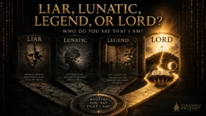 Featured image for an article asking whether Jesus was a liar, lunatic, legend, or Lord, showing four verdict paths with the Lord path leading to the cross, empty tomb, open Scripture, and crown.