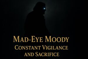 “Silhouette of Mad-Eye Moody with glowing magical eye and gold text ‘Mad-Eye Moody – Constant Vigilance and Sacrifice’ on dark background”