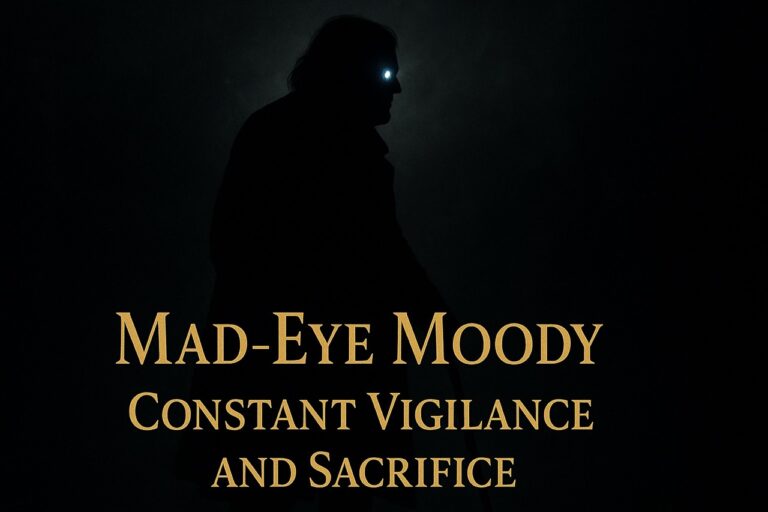 “Silhouette of Mad-Eye Moody with glowing magical eye and gold text ‘Mad-Eye Moody – Constant Vigilance and Sacrifice’ on dark background”
