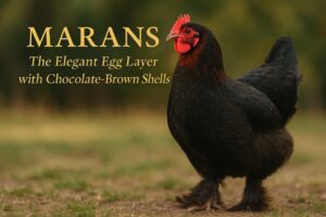 Marans chicken with feathered feet standing on green grass, styled with gold serif text reading “Marans – Chocolate Egg Layer with Feathered Elegance”