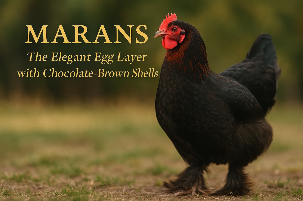 Marans chicken with feathered feet standing on green grass, styled with gold serif text reading “Marans – Chocolate Egg Layer with Feathered Elegance”
