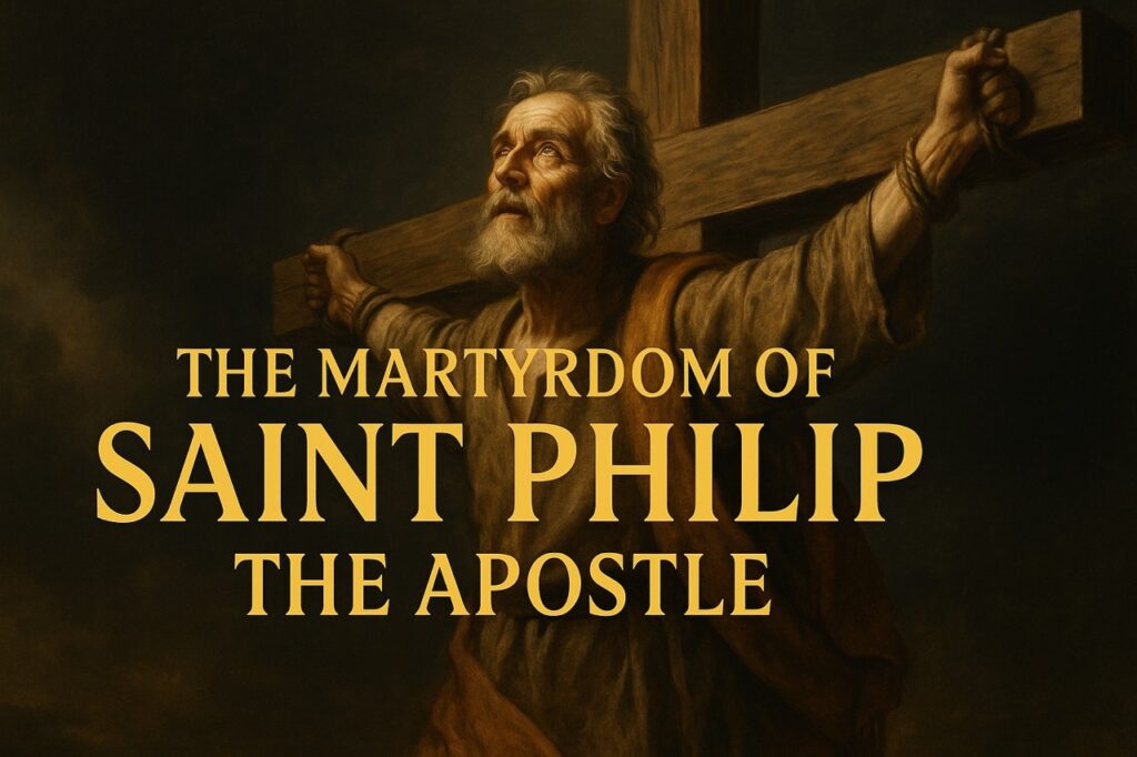 Cinematic image of Saint Philip the Apostle being crucified in Hierapolis, set against a golden sky, with gold serif title text reading “The Martyrdom of Saint Philip the Apostle – Crucified for the One He Followed”