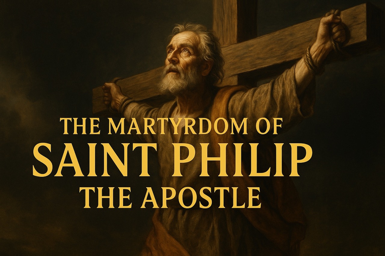 Cinematic image of Saint Philip the Apostle being crucified in Hierapolis, set against a golden sky, with gold serif title text reading “The Martyrdom of Saint Philip the Apostle – Crucified for the One He Followed”