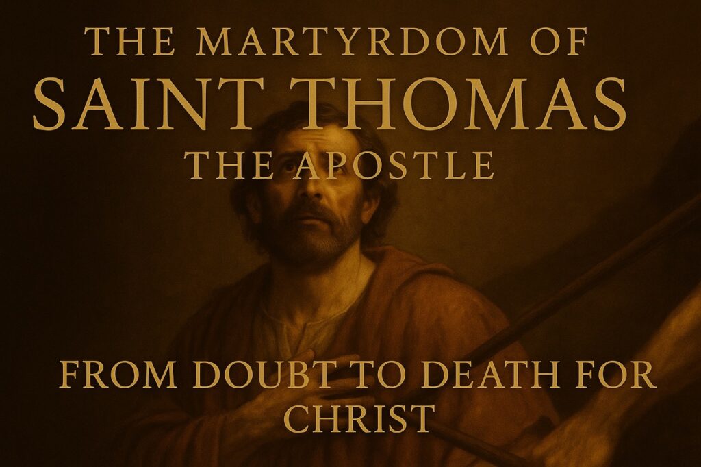 Photo-realistic image of Saint Thomas the Apostle being speared in the chest by a Roman executioner at sunset on an Indian coastline, with cinematic gold caption “The Martyrdom of Saint Thomas the Apostle – From Doubt to Death for Christ”
