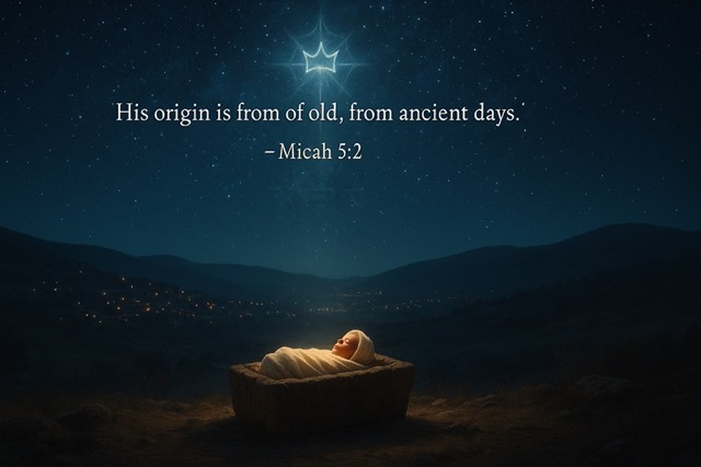 A glowing newborn in a manger beneath a starry Bethlehem sky, fulfilling Micah 5:2 — “His origin is from ancient days”