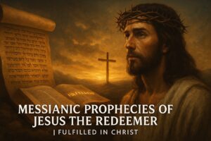 Realistic painting of Jesus Christ as the Redeemer, surrounded by Old Testament scrolls and prophetic symbols representing fulfilled messianic prophecies