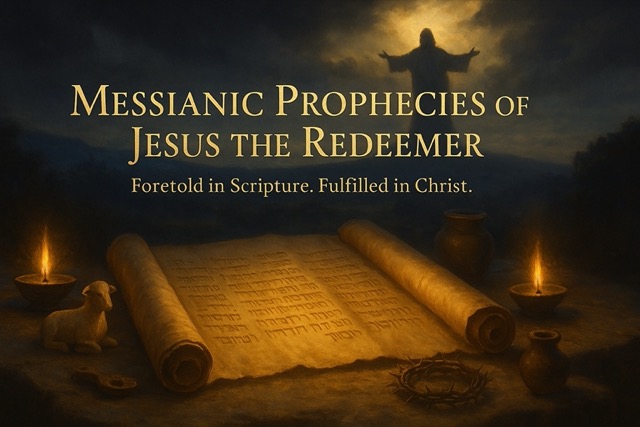 A digital painting of Jesus Christ standing in a radiant light, with open scripture in the background and Old Testament prophets like Moses and Isaiah faintly depicted in the clouds. The caption “Messianic Prophecies of Jesus the Redeemer” is inscribed on-screen in gold serif font. The image symbolizes the fulfillment of Old Testament prophecies in Christ’s redemptive mission.