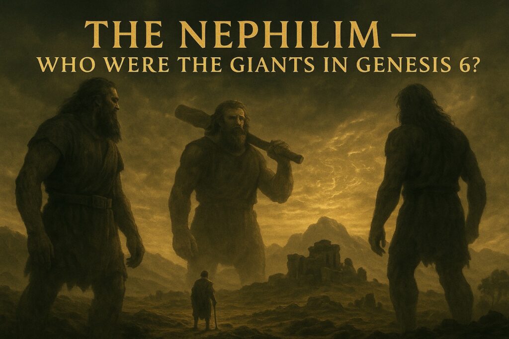 A realistic digital painting of three towering Nephilim giants standing before ancient ruins under stormy skies, as a lone human figure approaches. Text overlay reads “The Nephilim — Who Were the Giants in Genesis 6?”