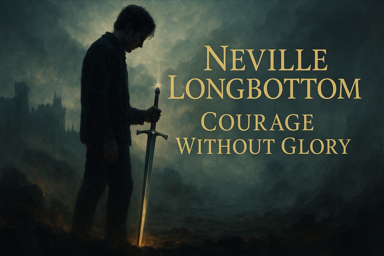 “Neville Longbottom stands in silhouette holding the Sword of Gryffindor in a misty battlefield with glowing gold title ‘Courage Without Glory’.”
