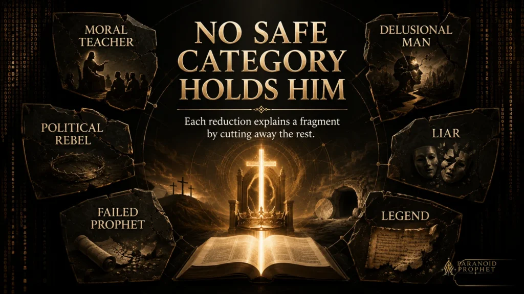 Dark Christian editorial banner showing broken category labels around an open Bible, cross, crown, empty tomb, and resurrection light, illustrating that no reductionist explanation can contain Jesus.