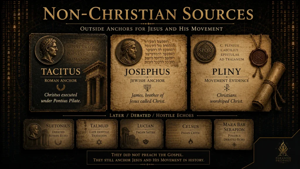Infographic showing non-Christian sources for Jesus, including Tacitus, Josephus, Pliny, Suetonius, the Talmud, Lucian, Celsus, and Mara Bar Serapion.