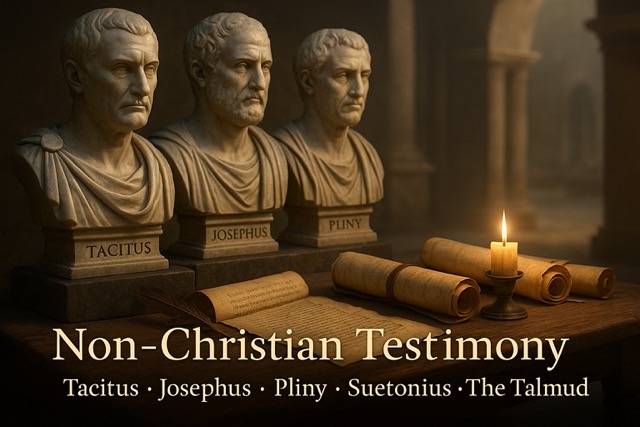 Roman historians Tacitus and Pliny the Younger with scrolls and ancient texts referencing Jesus's crucifixion and early Christian movement